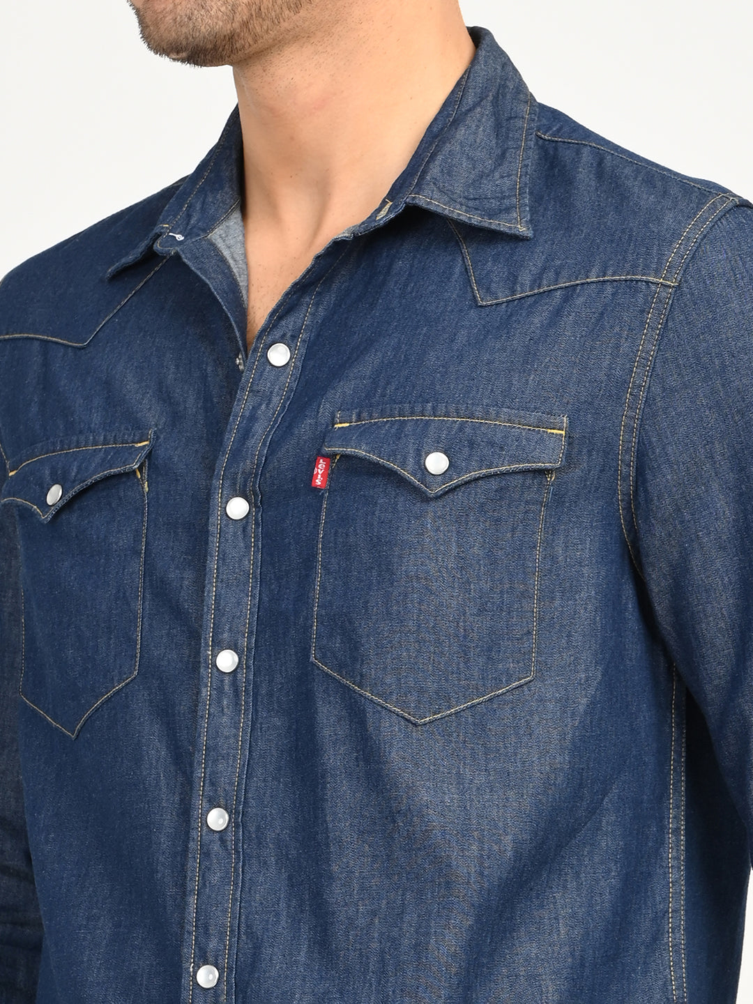 Men's Solid Blue Slim Fit Denim Shirt - deatil View