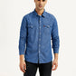 Men's Solid Blue Slim Fit Denim Shirt - Front View