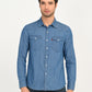 Men's Solid Blue Slim Fit Denim Shirt - frount View