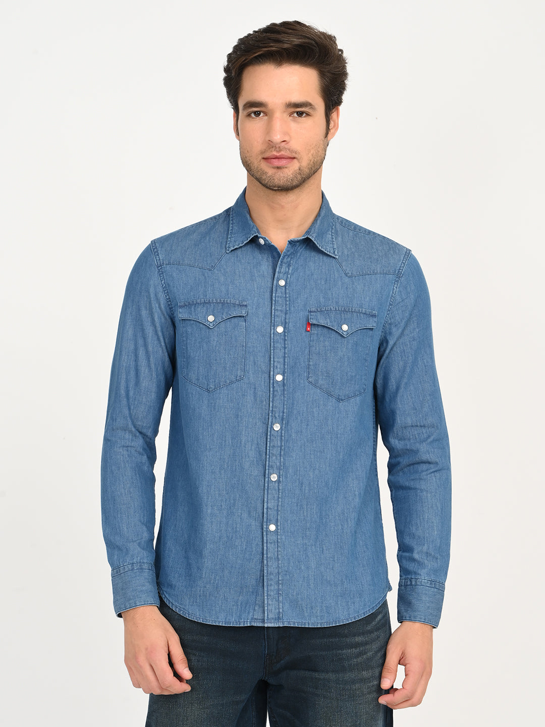 Men's Solid Blue Slim Fit Denim Shirt