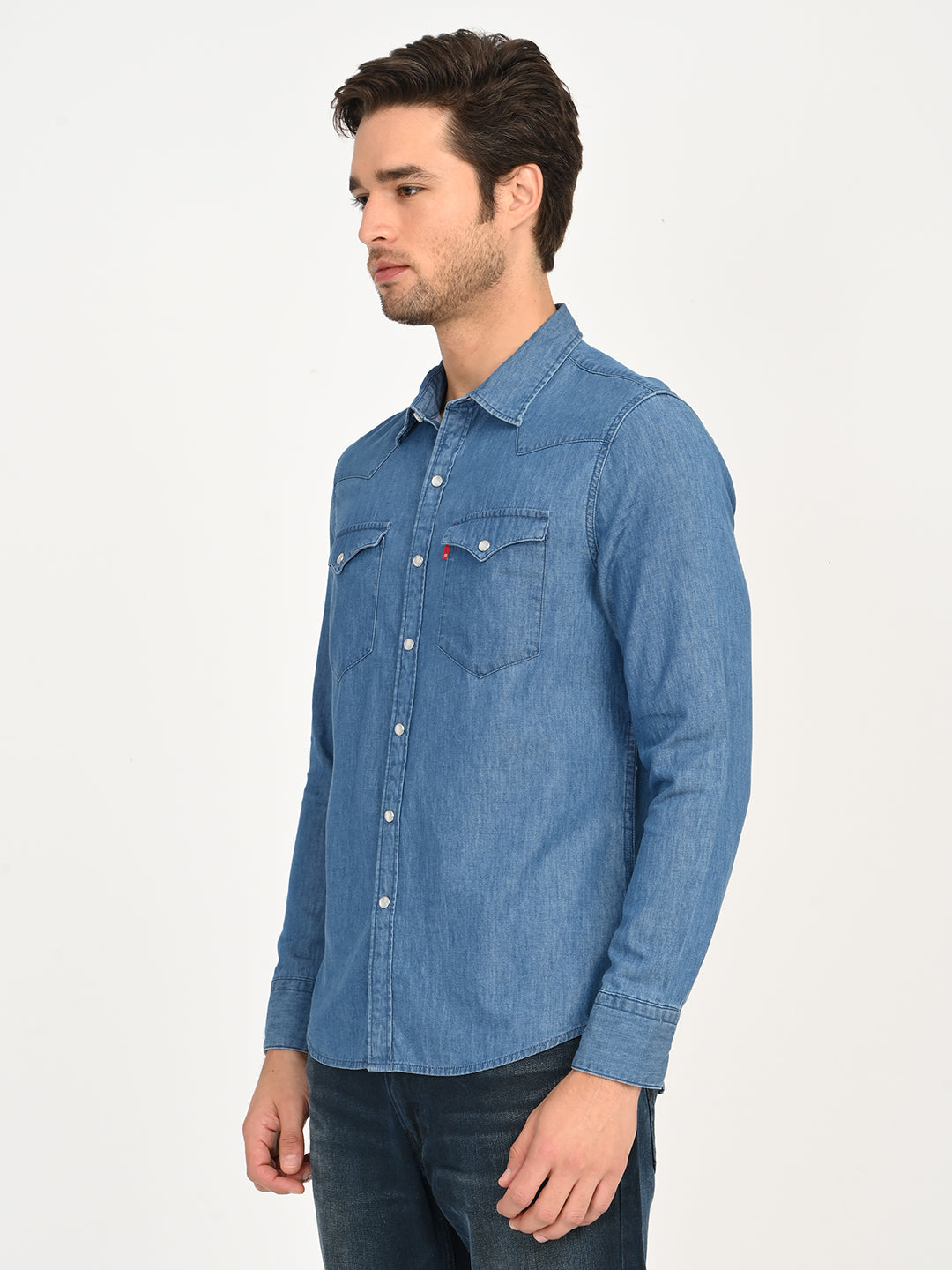 Men's Solid Blue Slim Fit Denim Shirt - side View