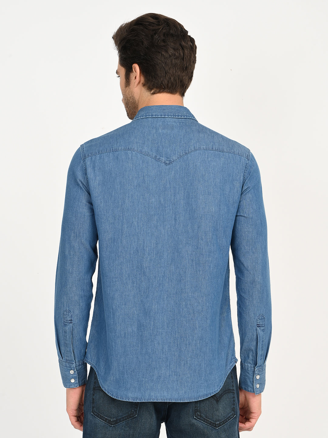 Men's Solid Blue Slim Fit Denim Shirt - back View