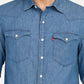 Men's Solid Blue Slim Fit Denim Shirt - deatil View