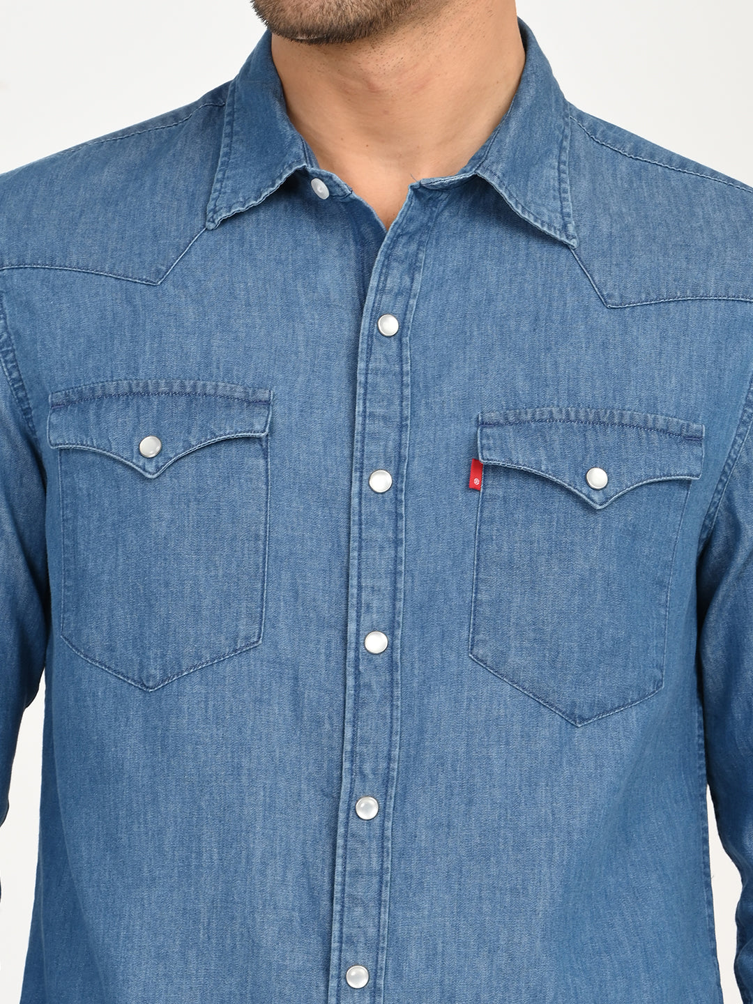 Men's Solid Blue Slim Fit Denim Shirt - deatil View