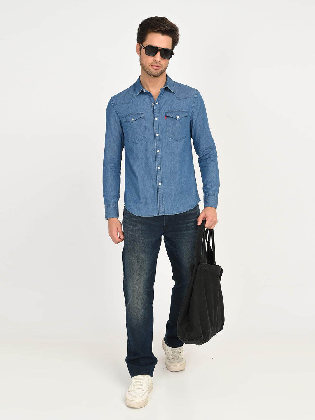 Men's Solid Blue Slim Fit Denim Shirt - 6 View