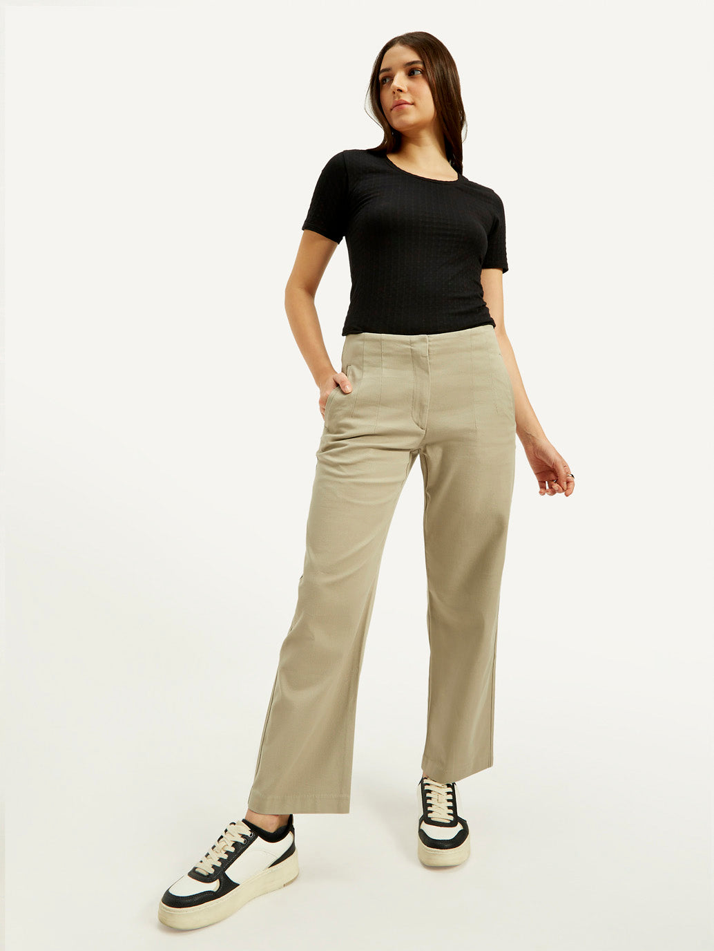 Women's 94 Mid Rise Khaki Baggy Fit Trousers - Elevated View