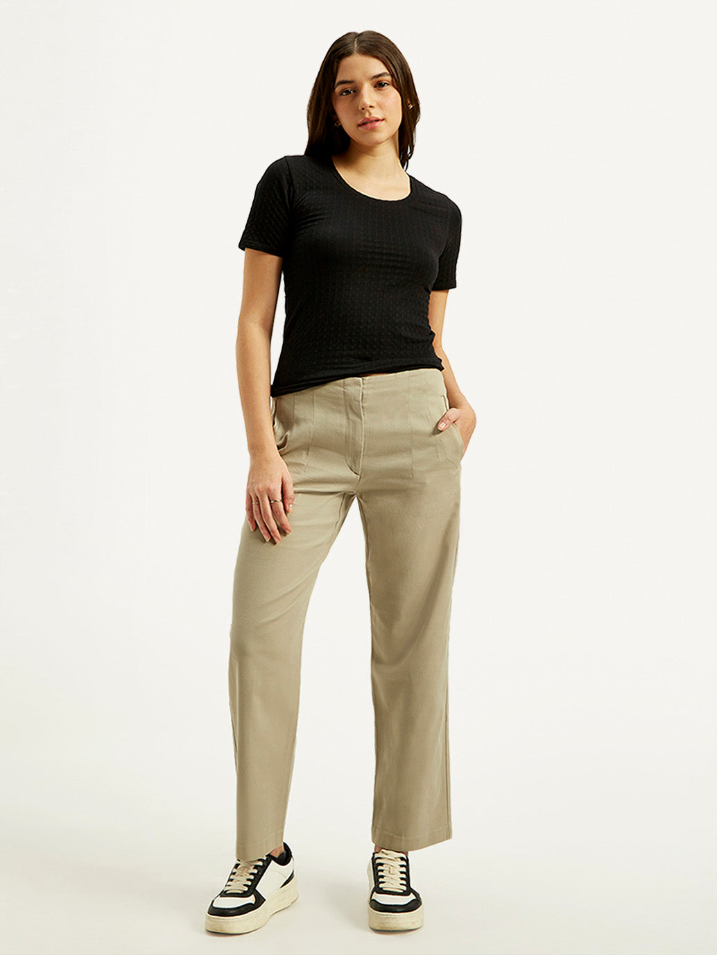 Women's 94 Mid Rise Khaki Baggy Fit Trousers - Front View