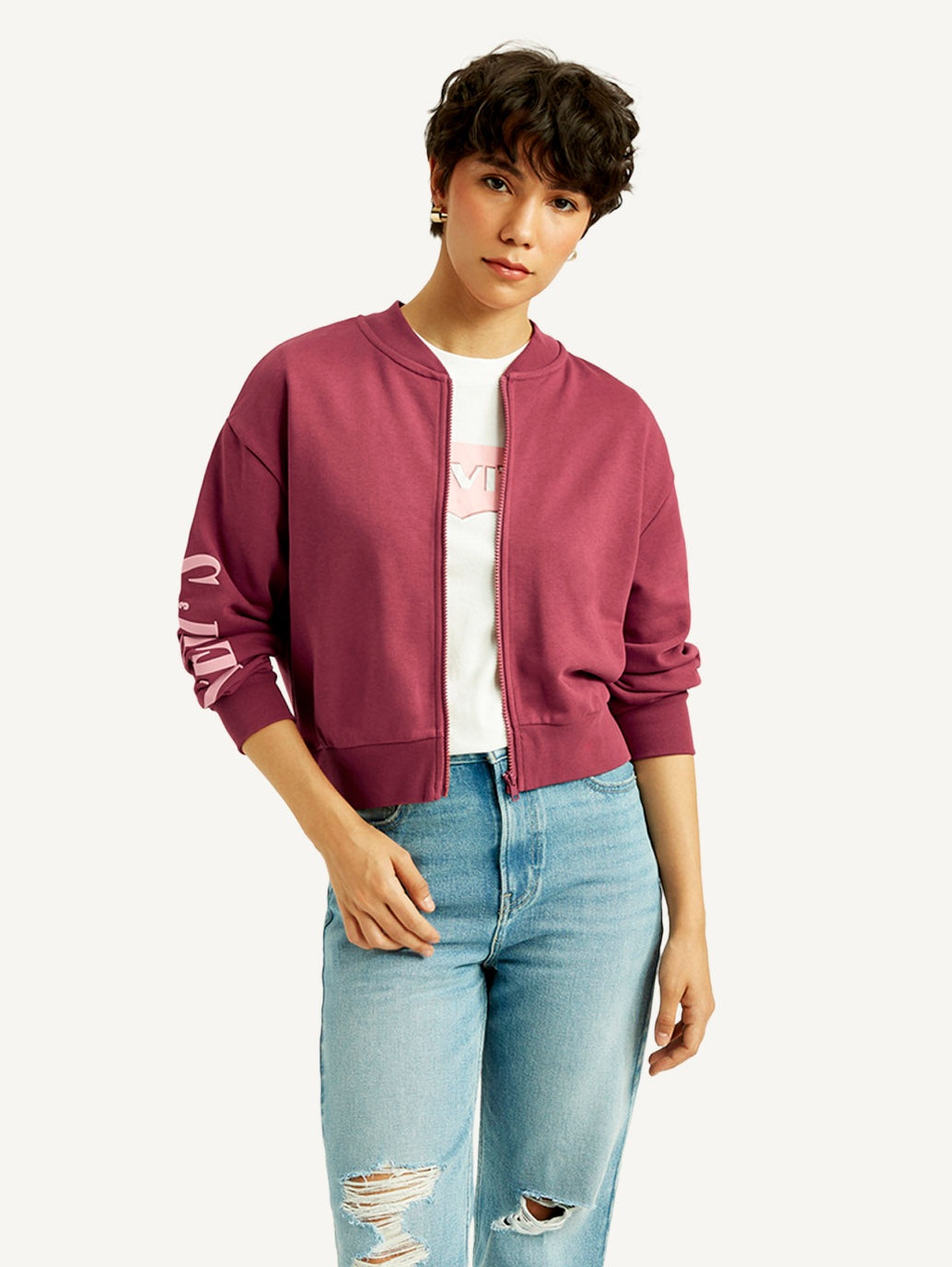 Women's Typographic Burgundy Bomber Jacket - Styleshot View