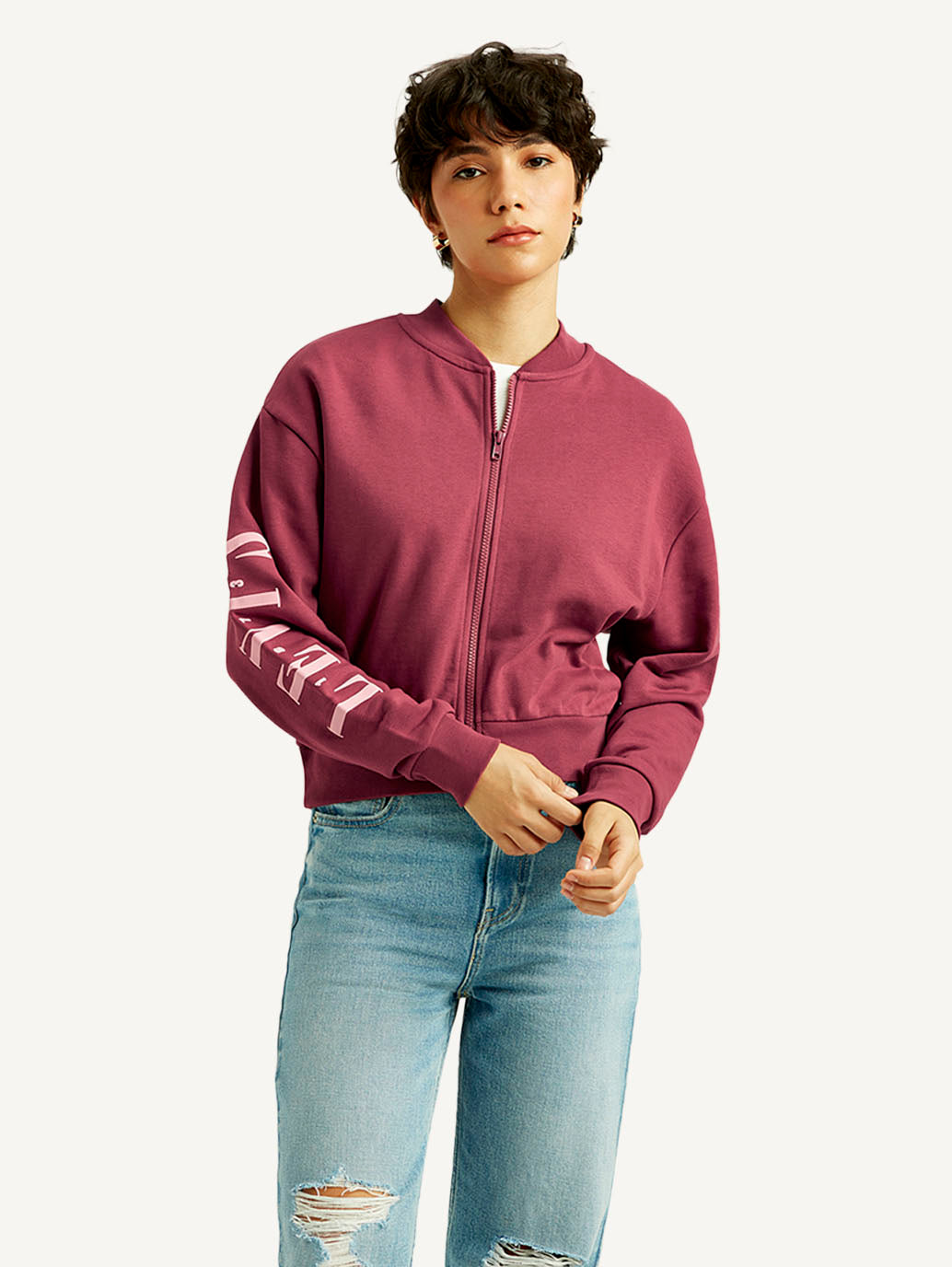 Women's Typographic Burgundy Bomber Jacket - Front View