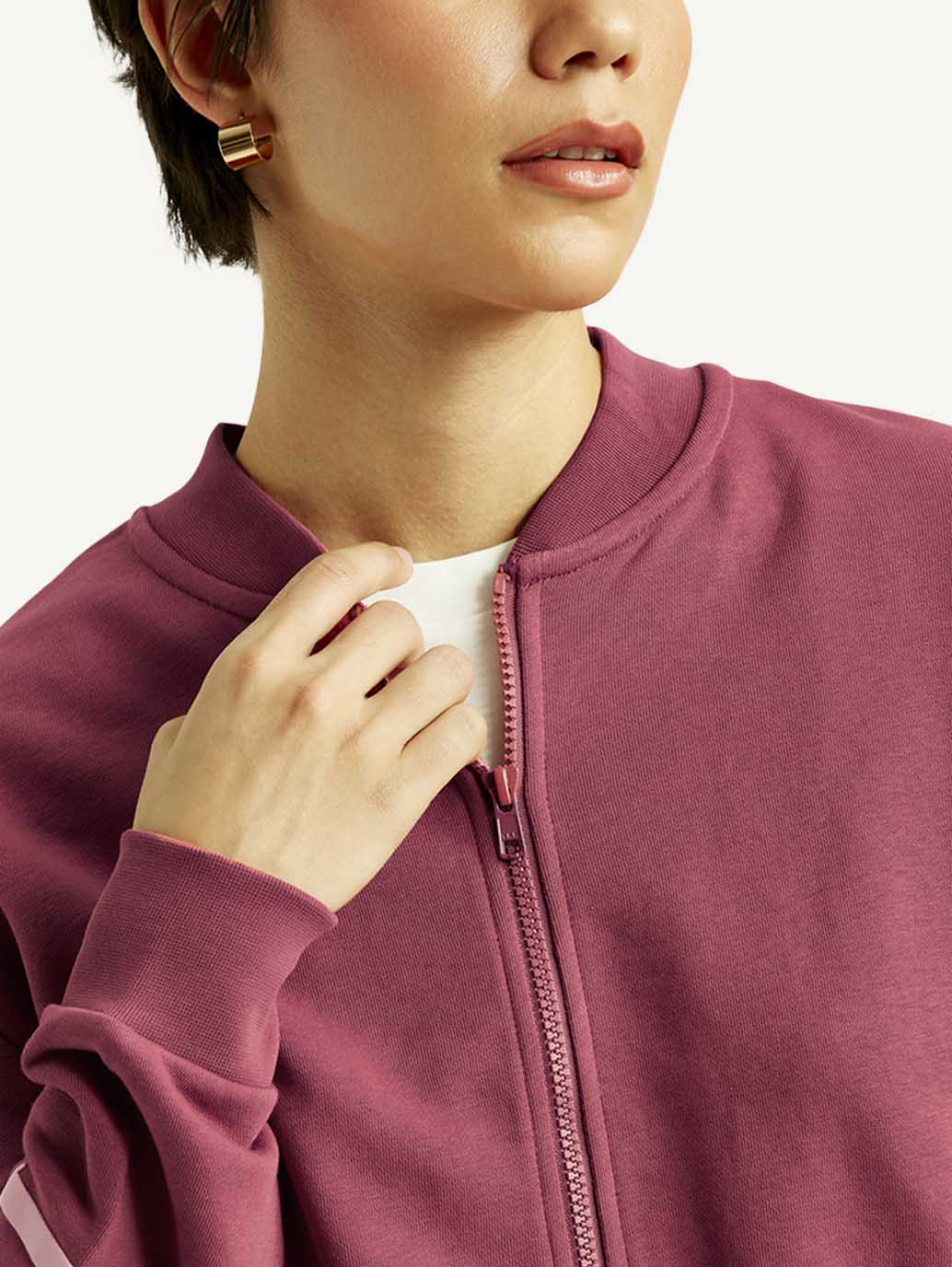 Women's Typographic Burgundy Bomber Jacket - Detail View