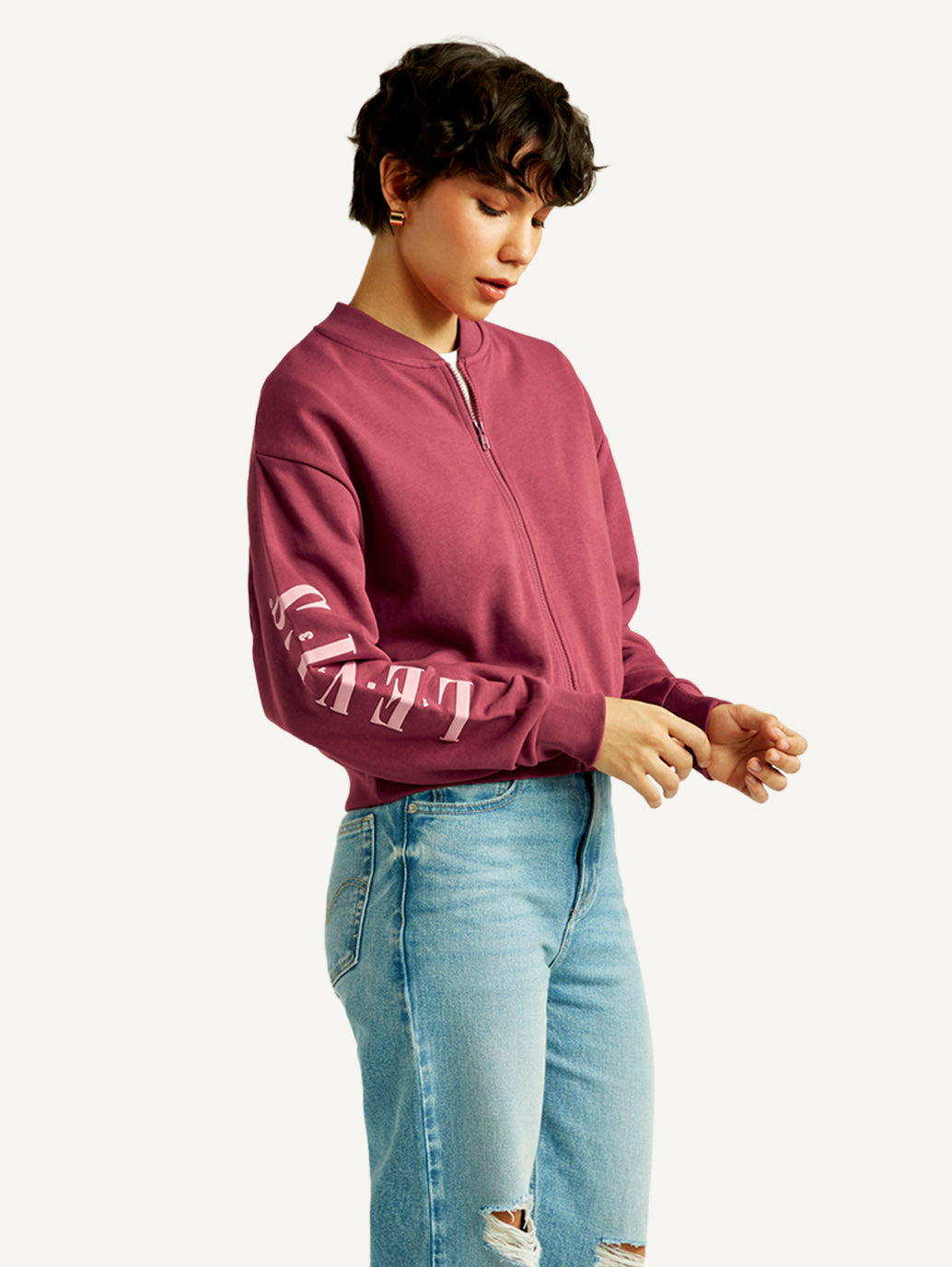 Women's Typographic Burgundy Bomber Jacket - Side View
