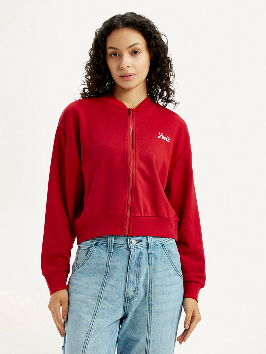 Women's Brand Logo Red Collar Neck Sweatshirt - Front View