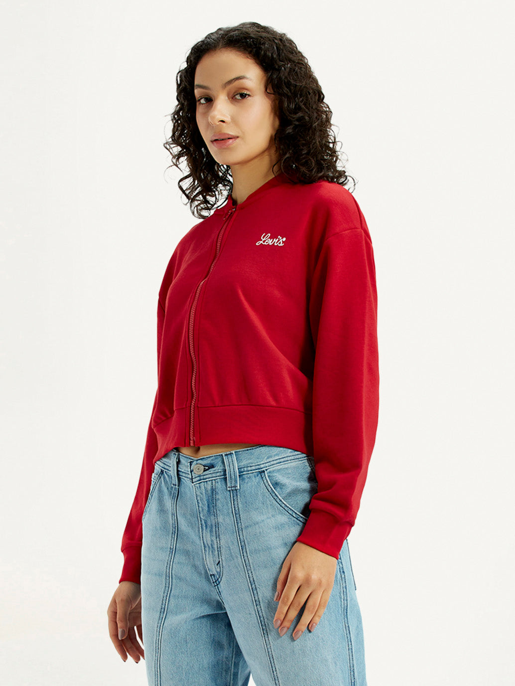 Women's Brand Logo Red Collar Neck Sweatshirt - Side View