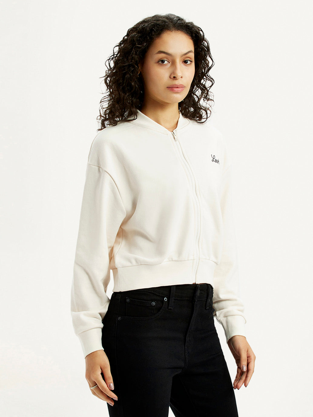 Women's Graphic Print Off White Collar Neck Sweatshirt - Side View
