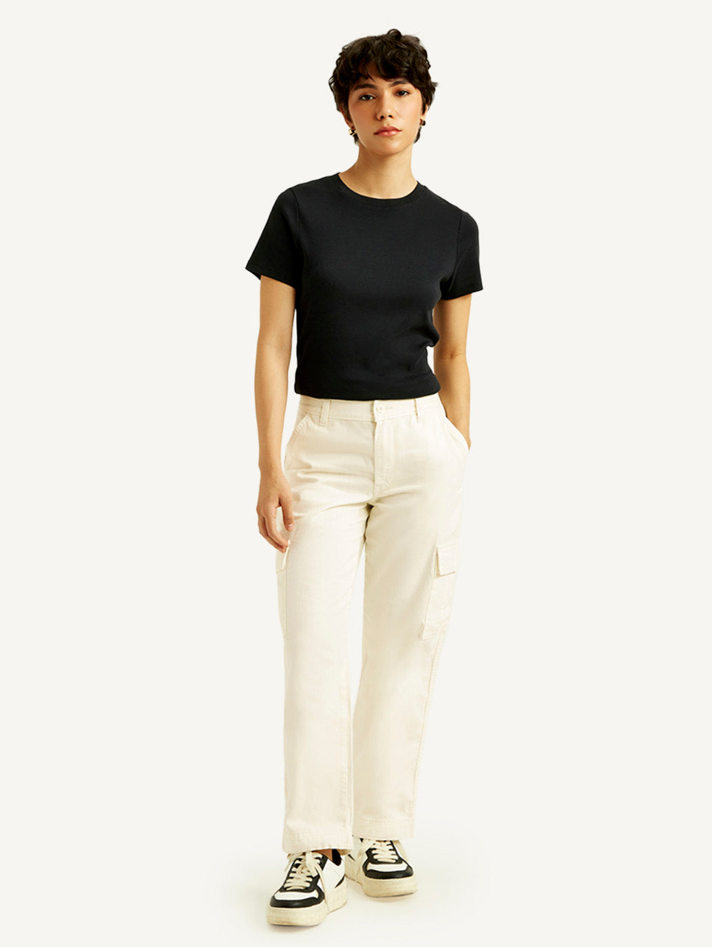 Women's 94 Cream Baggy Fit Mid Rise Jeans - Front View