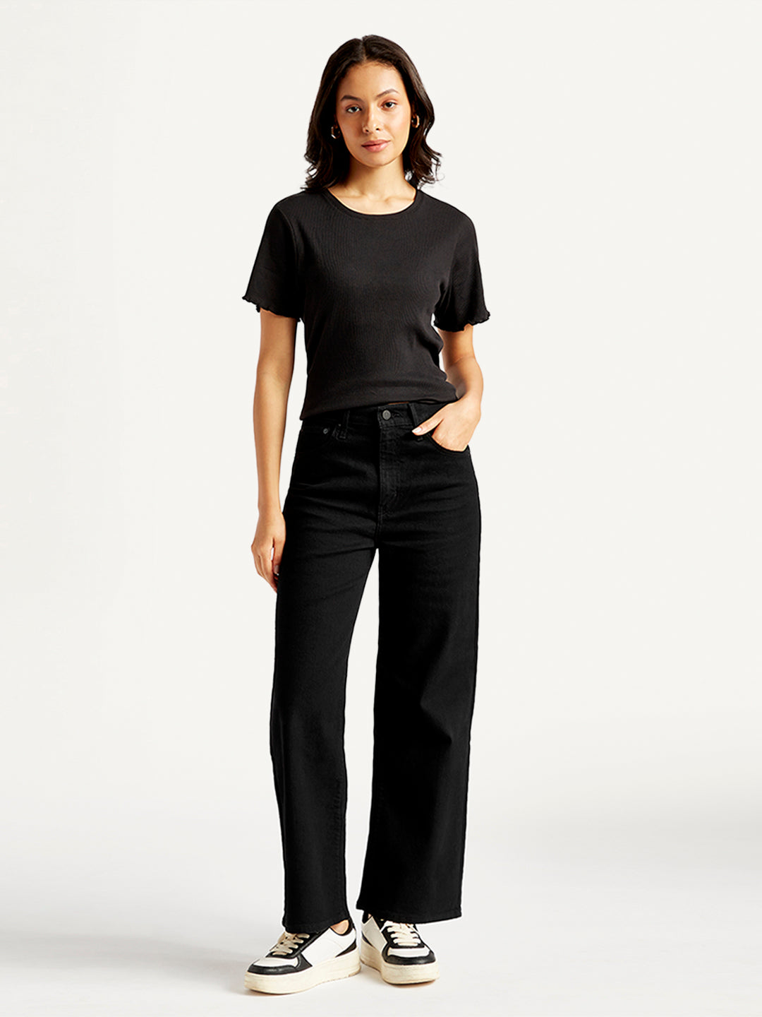 Women's Black Mile High Wide Leg Fit High Rise Jeans - Front View
