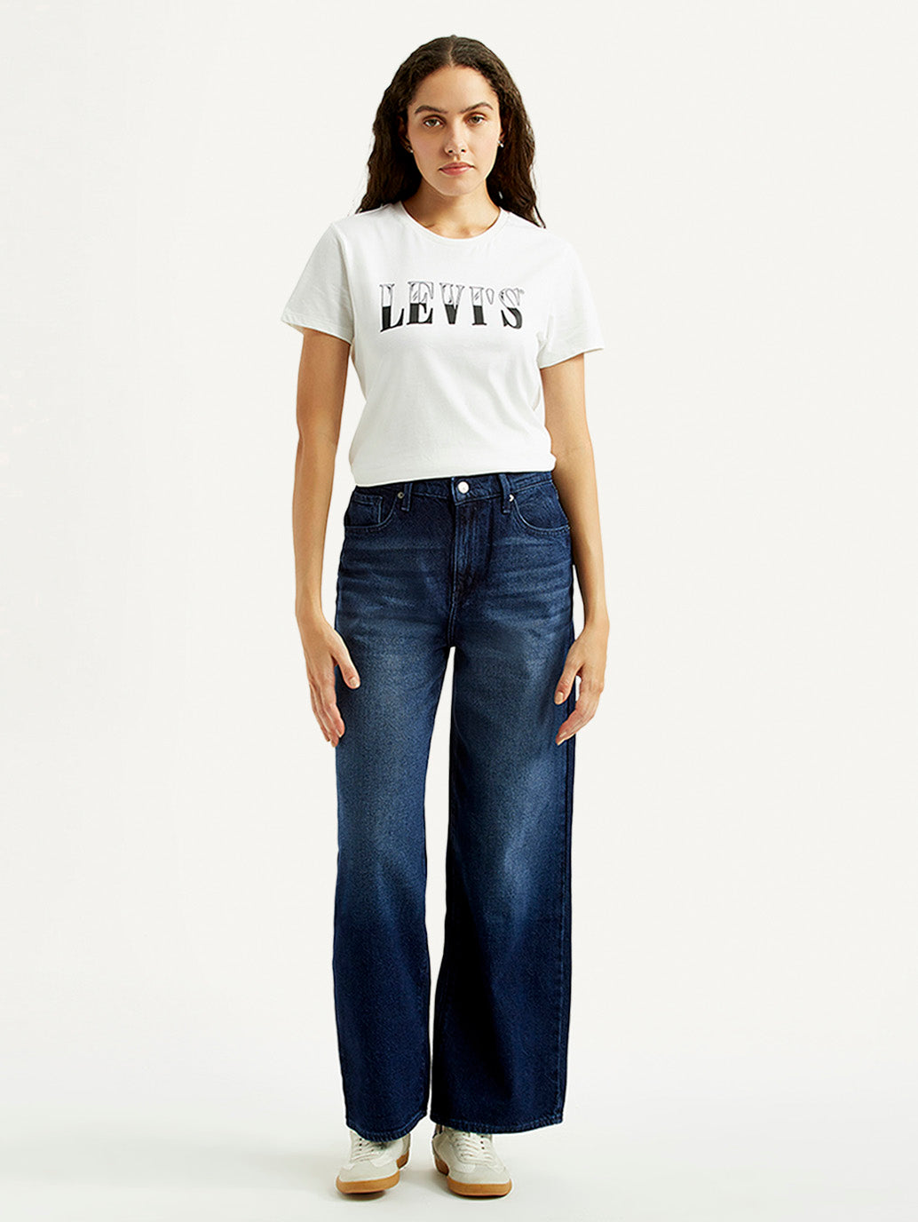 Women's Dark Blue Wide Leg Fit High Rise Jeans - Front View