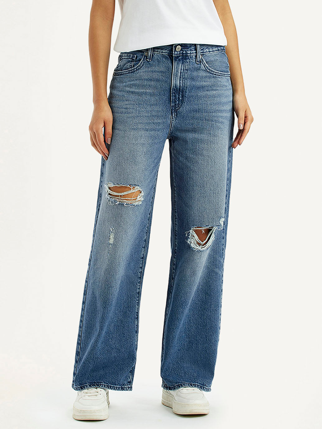 Women's Blue Wide Leg Fit High Rise Jeans - Front View
