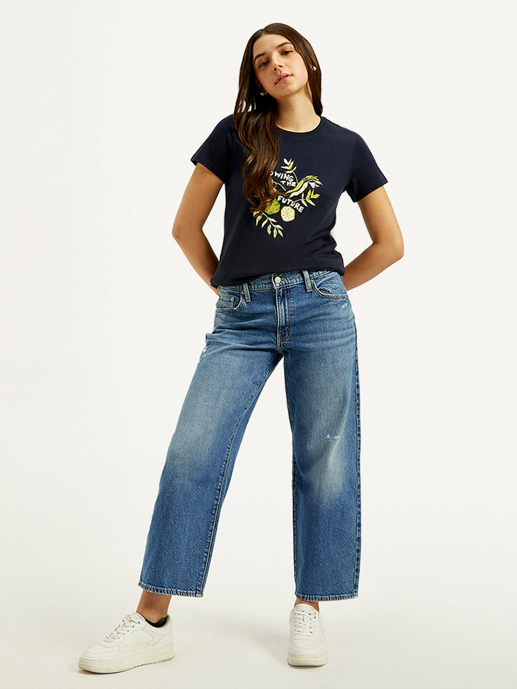 Women's Blue Baggy Dad Fit Mid Rise Jeans - Styleshot View