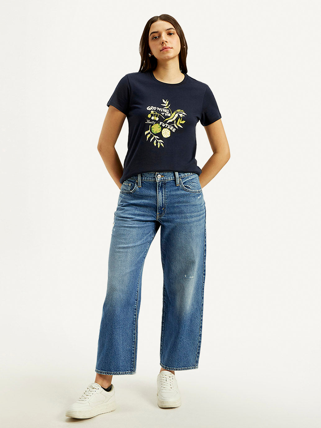 Women's Blue Baggy Dad Fit Mid Rise Jeans - Front View