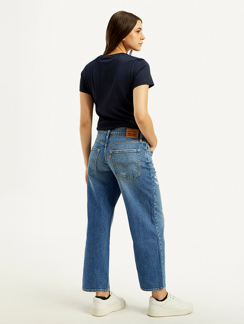 Women's Blue Baggy Dad Fit Mid Rise Jeans - Back View