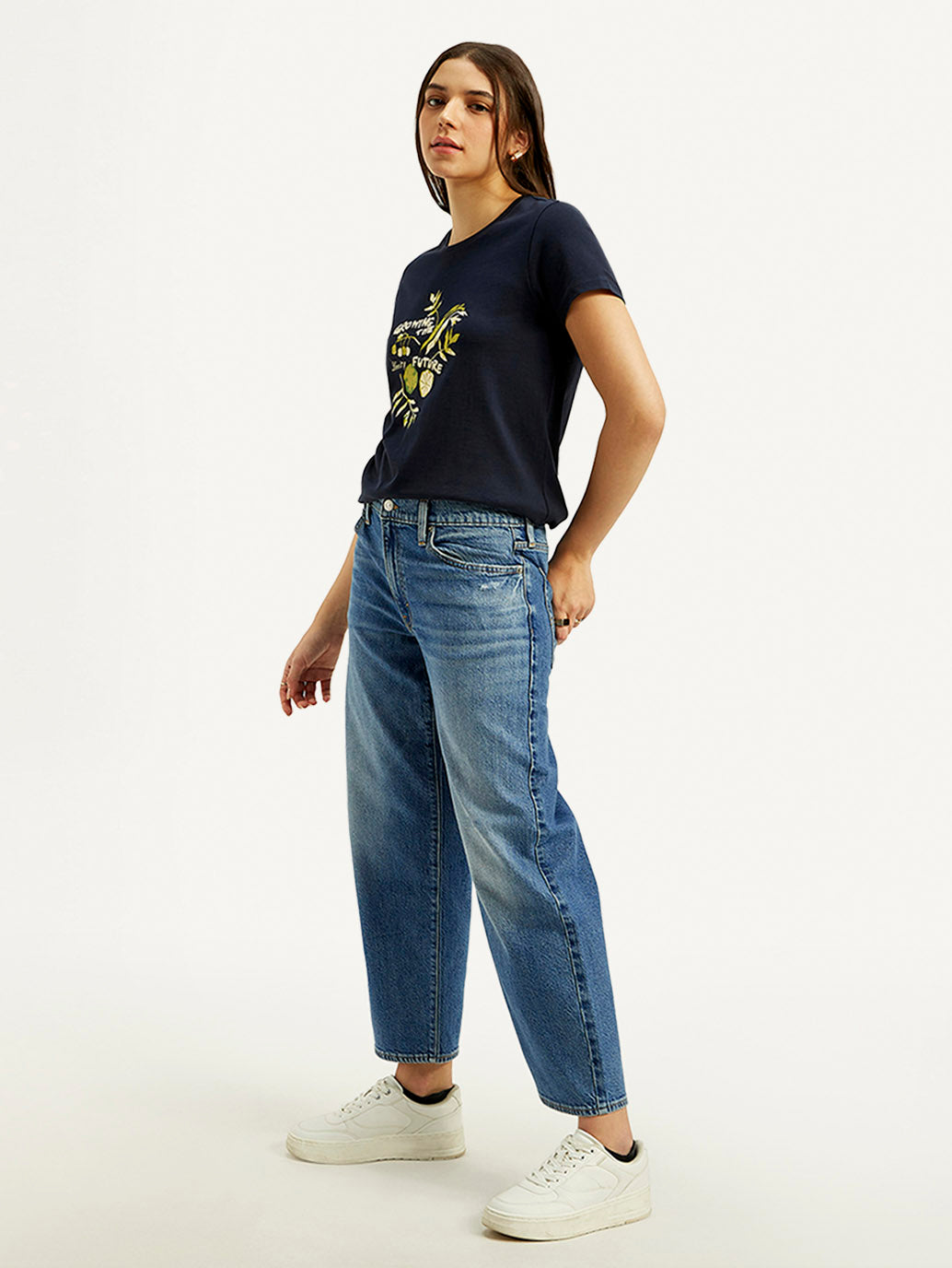 Women's Blue Baggy Dad Fit Mid Rise Jeans - Side View