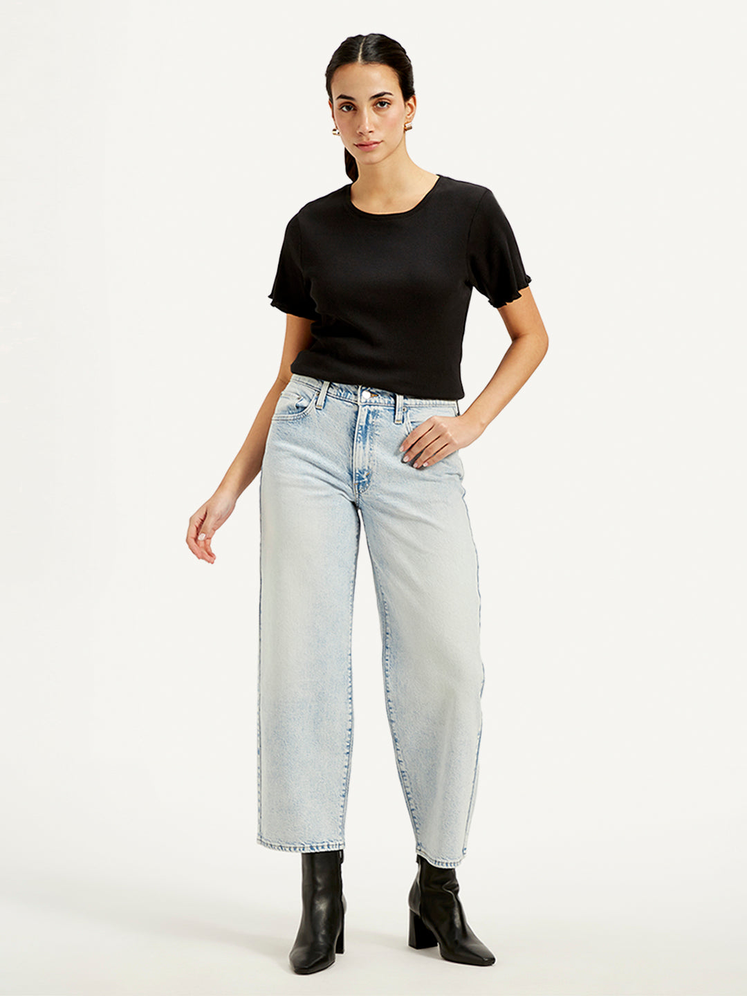 Women's Light Blue Baggy Dad Fit Mid Rise Jeans - Front View