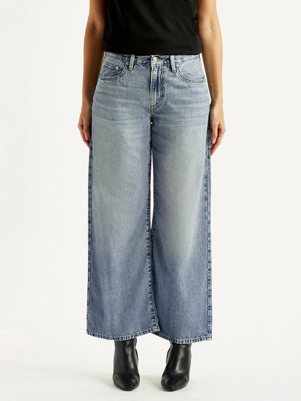 Women's Tinted Med Indigo XL Straight Loose Fit Mid Rise Jeans - Front View