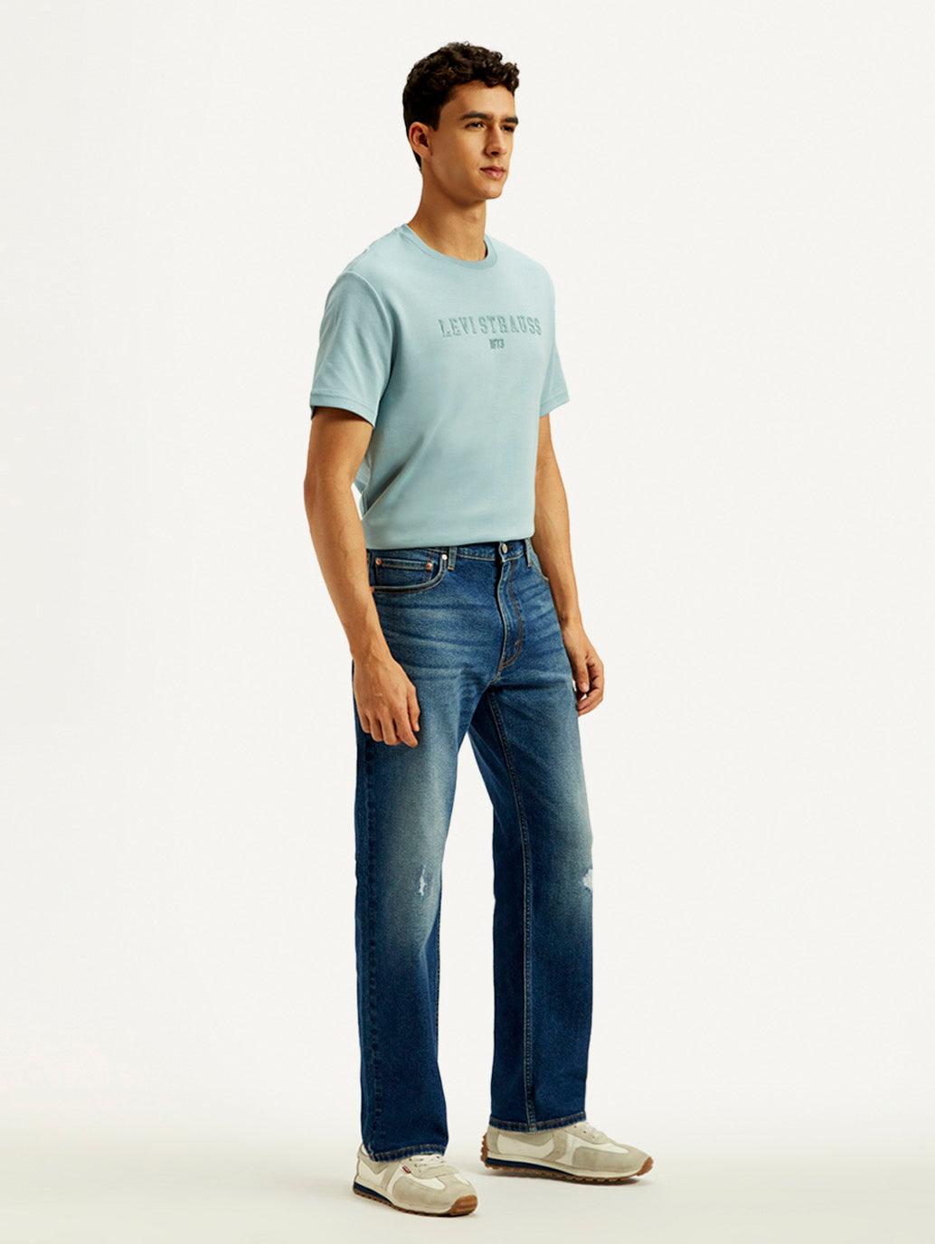 Men's 555 Med Indigo Relaxed Straight Fit Mid Rise Jeans - Side View