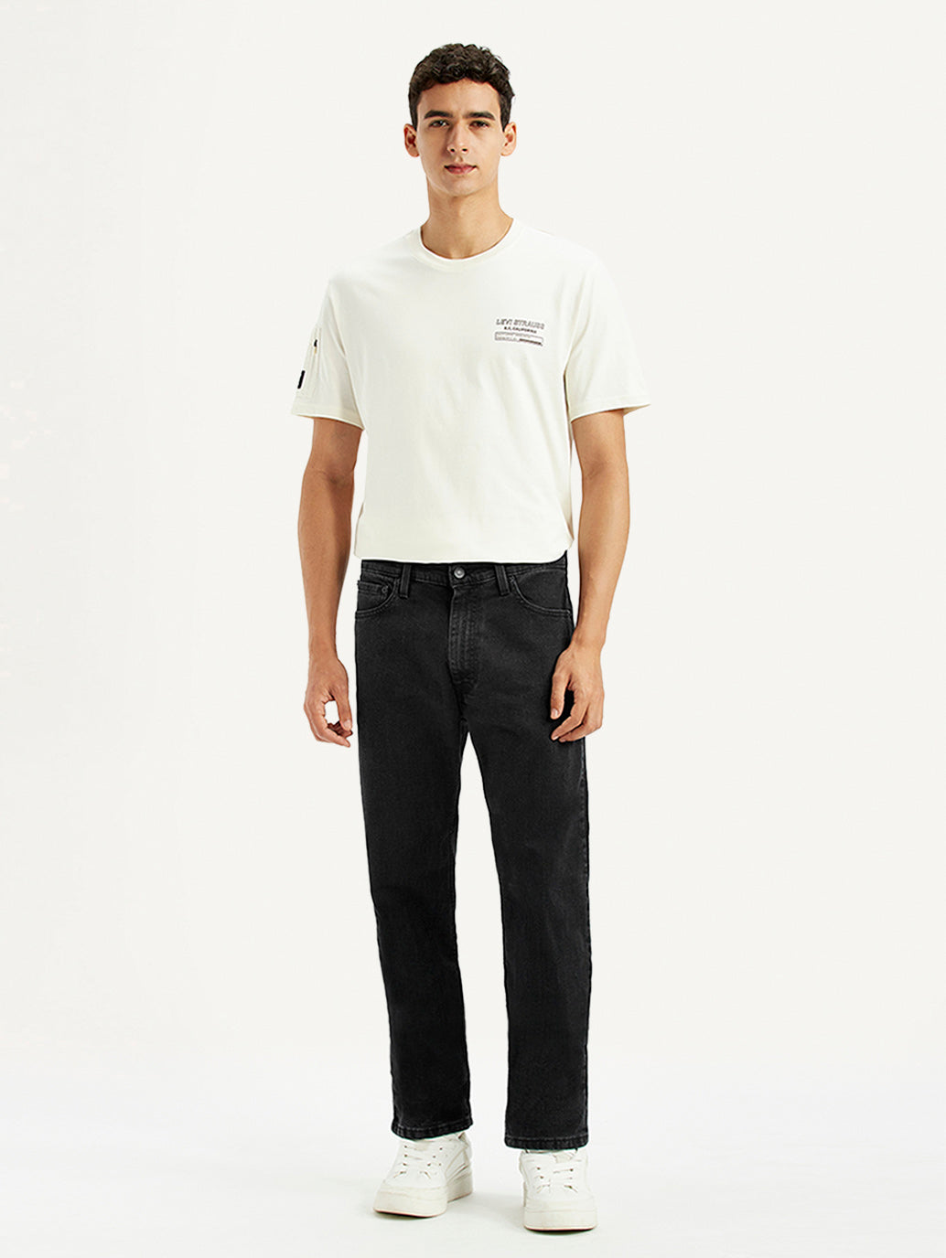 Men's 555 Black Loose Fit Mid Rise Jeans - Front View
