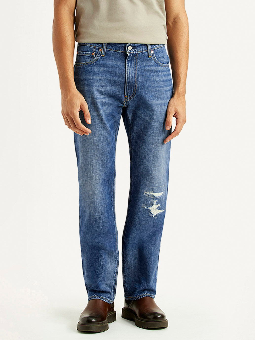 Men's 555 Blue Relaxed Straight Fit Mid Rise Selvedge Jeans - Front View