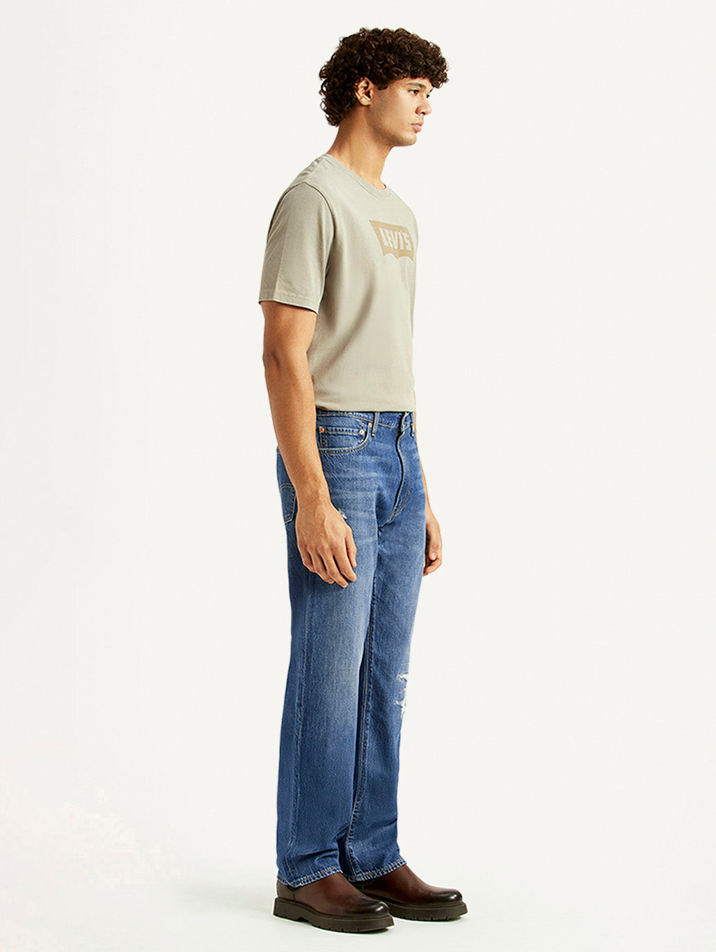 Men's 555 Blue Relaxed Straight Fit Mid Rise Selvedge Jeans - Side View