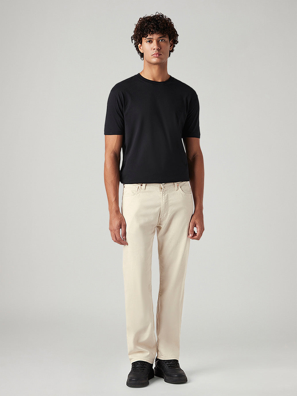 Men's 555 Beige Relaxed Straight Fit Mid Rise Linen Jeans - Front View
