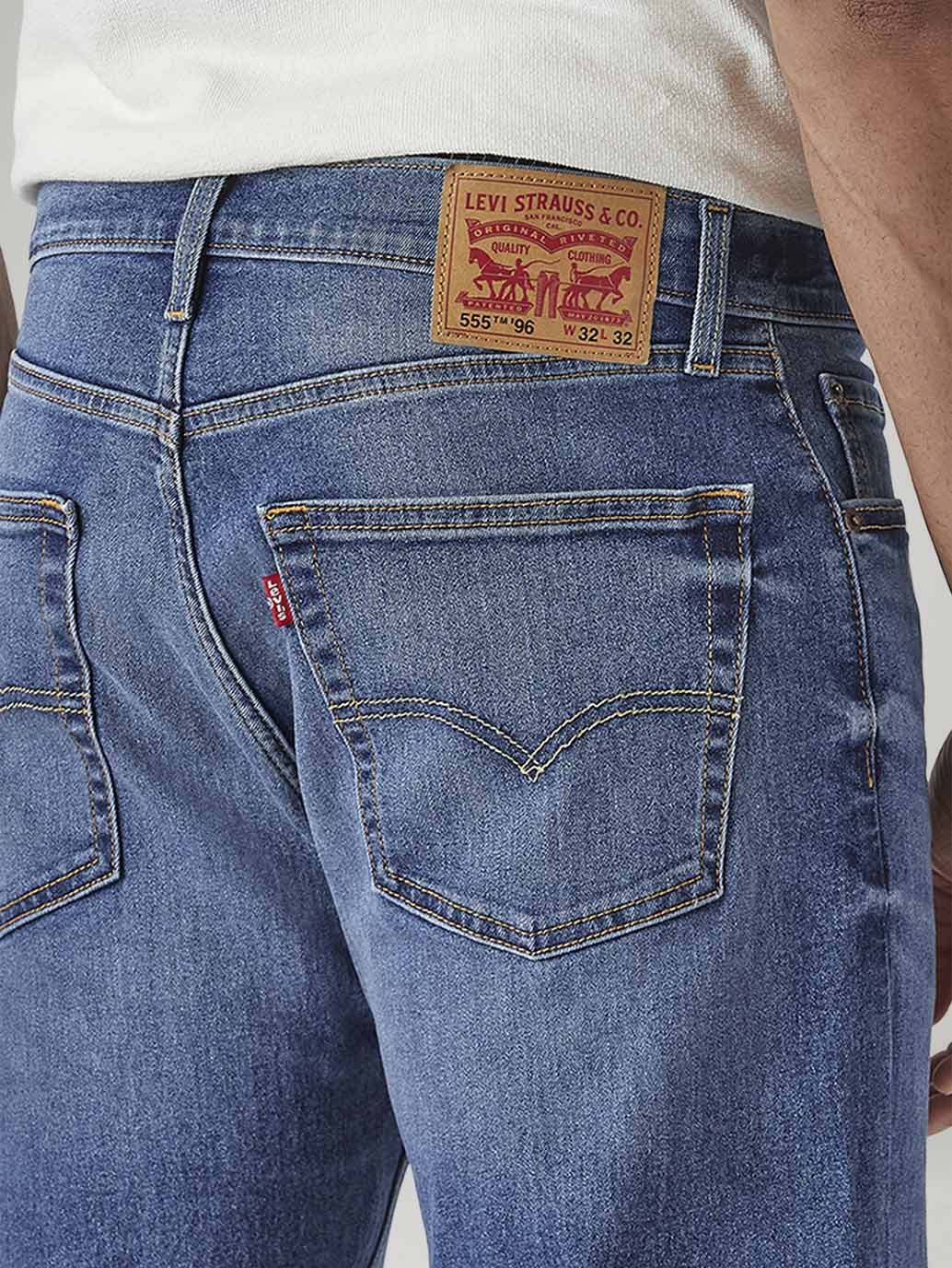 Men's 555 Blue Relaxed Straight Fit Mid Rise Performance Jeans - Detail View