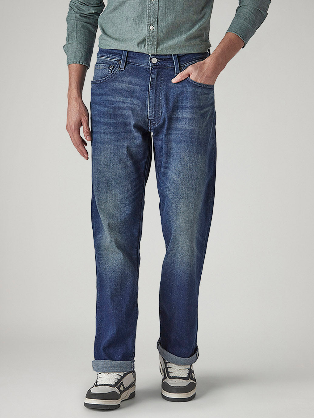 Men's 555 Blue Relaxed Straight Fit Mid Rise Selvedge Jeans - Front View