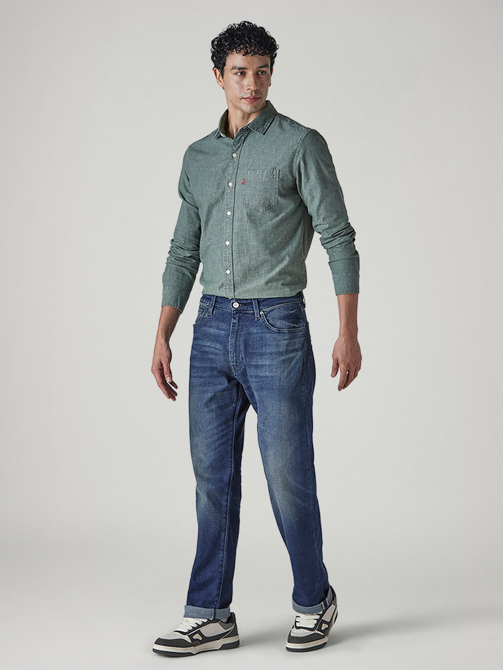 Men's 555 Blue Relaxed Straight Fit Mid Rise Selvedge Jeans - Side View