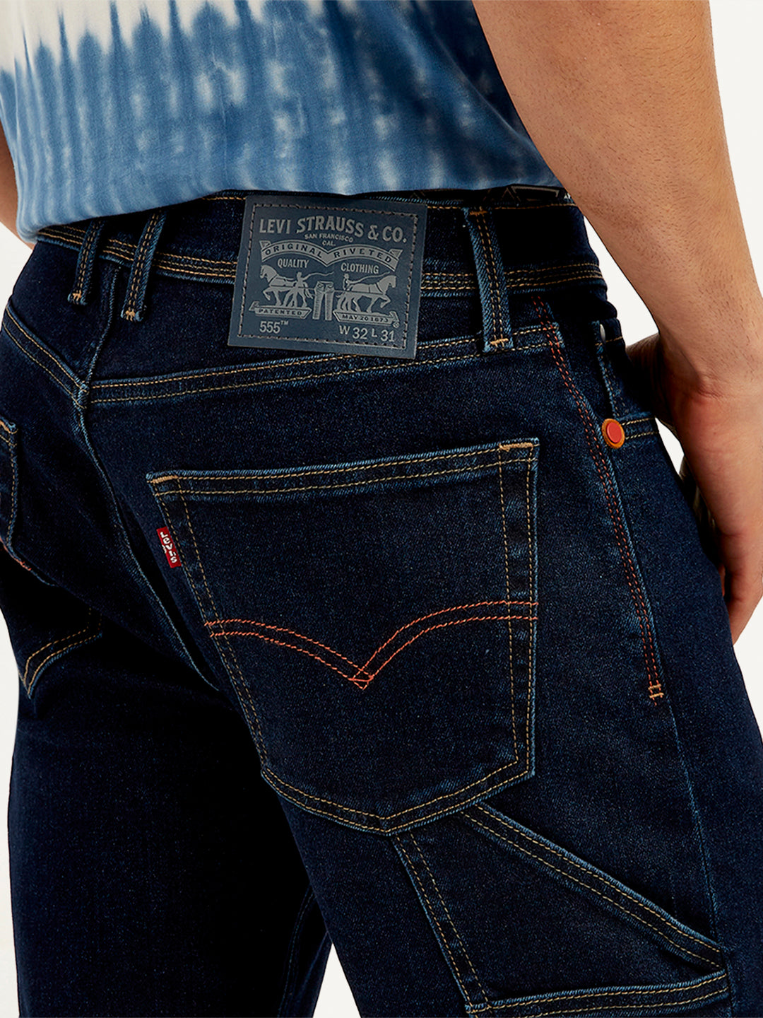 Men's 555 Navy Blue Relaxed Straight Mid Rise Utility  Jeans - Detail View