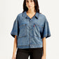 Women's Solid Blue Spread Collar Denim Trucker Jacket - Front View