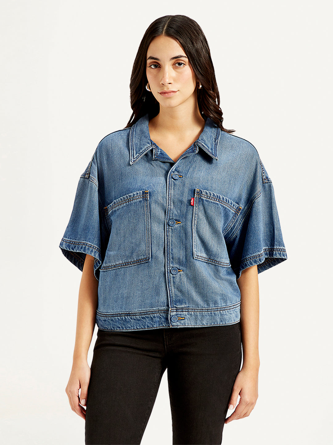 Women's Solid Blue Spread Collar Denim Trucker Jacket - Front View