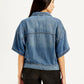 Women's Solid Blue Spread Collar Denim Trucker Jacket - Back View