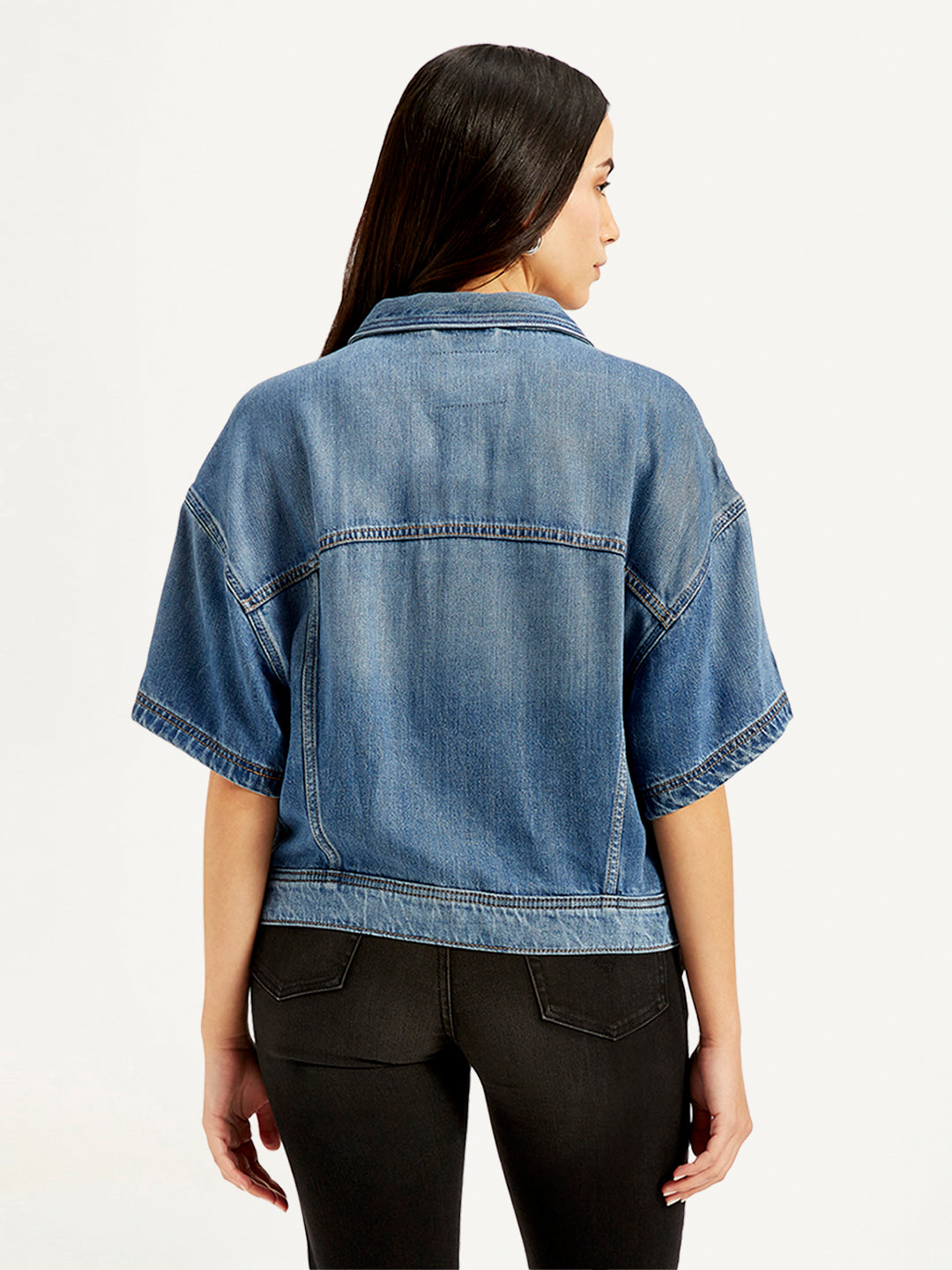 Women's Solid Blue Spread Collar Denim Trucker Jacket - Back View