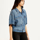 Women's Solid Blue Spread Collar Denim Trucker Jacket - Side View