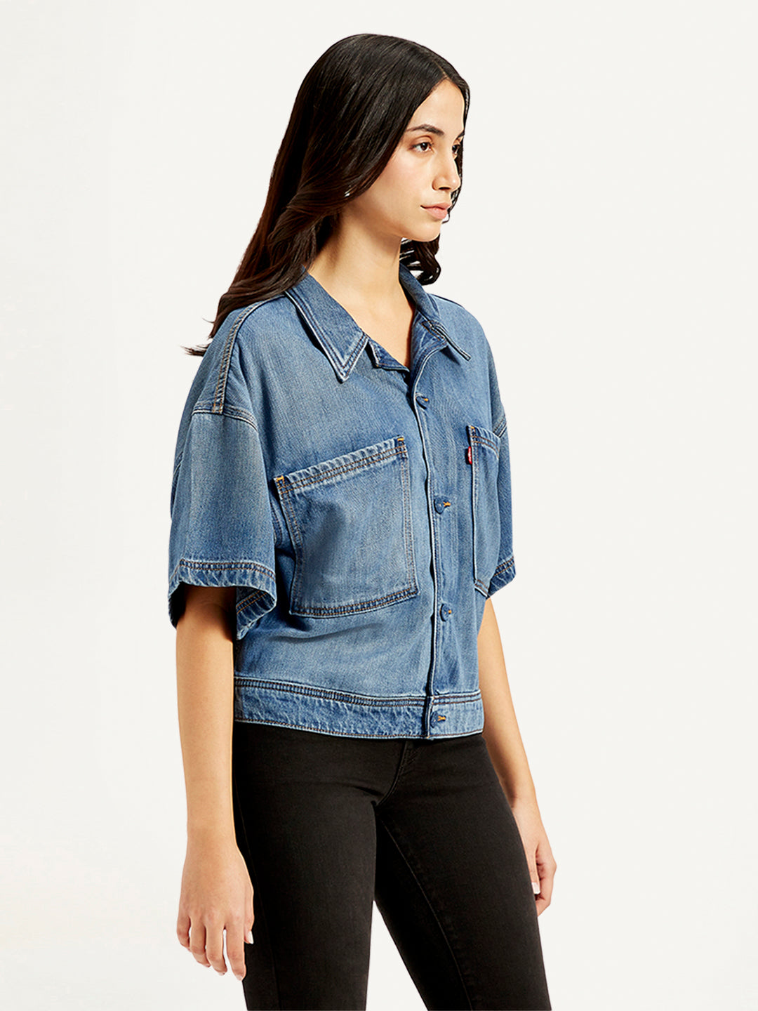 Women's Solid Blue Spread Collar Denim Trucker Jacket - Side View