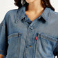 Women's Solid Blue Spread Collar Denim Trucker Jacket - Detail View