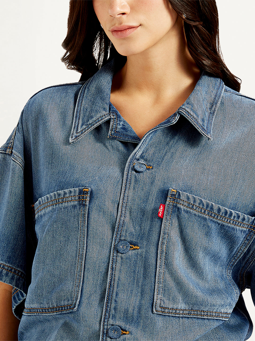 Women's Solid Blue Spread Collar Denim Trucker Jacket - Detail View
