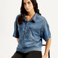 Women's Solid Blue Spread Collar Denim Trucker Jacket - Styelshot View