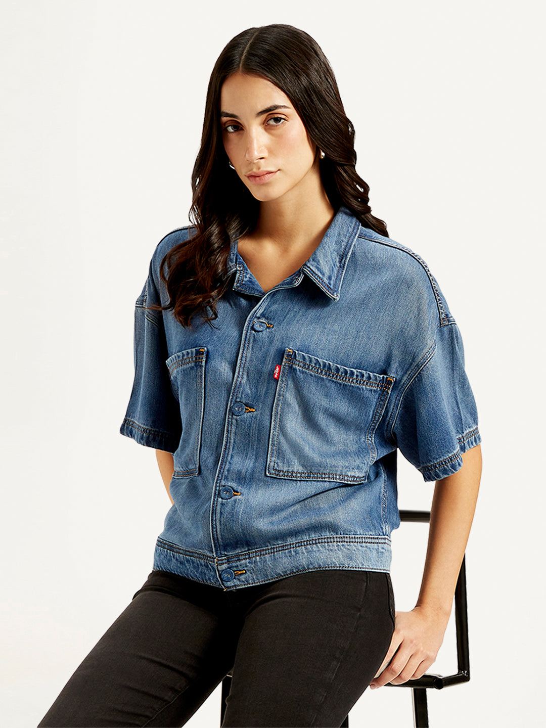 Women's Solid Blue Spread Collar Denim Trucker Jacket - Styelshot View