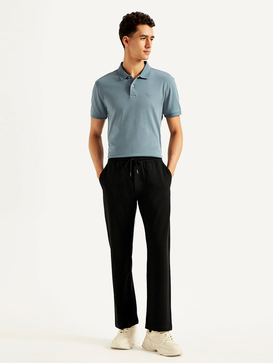 Men's 555'96 Black Relaxed Straight Fit Tech Pants - Front View