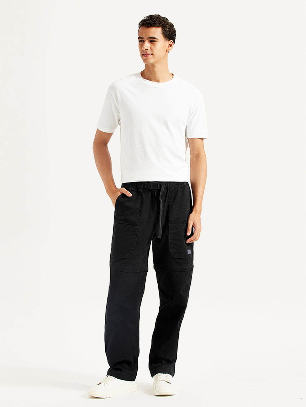 Men's Black Regular Fit Utility Cargo Trousers - Front View