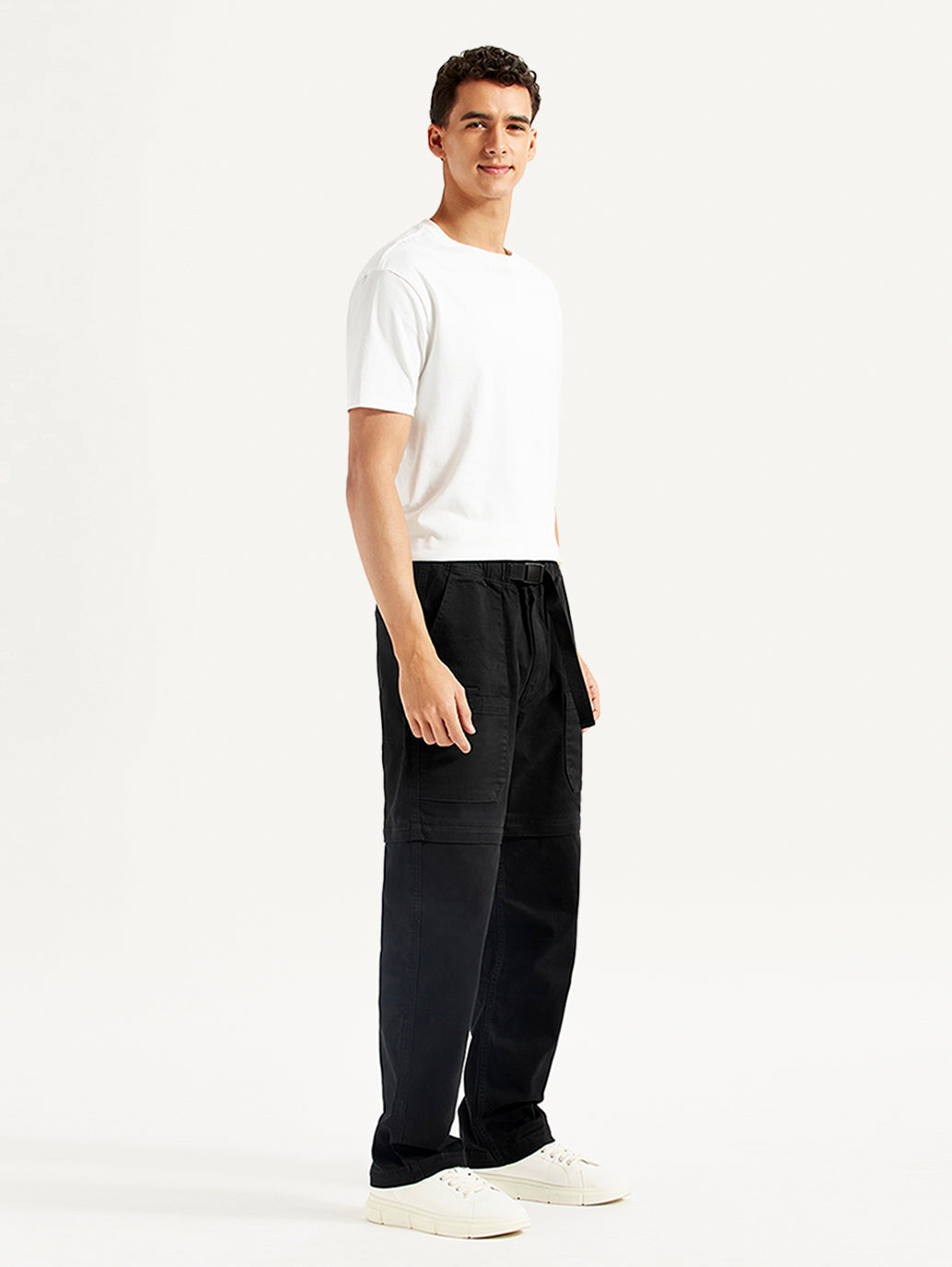 Men's Black Regular Fit Utility Cargo Trousers - Side View